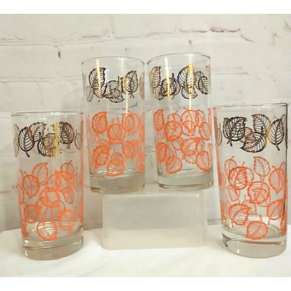 4 VTG Dominion Glass Autumn Leaves Orange & Metallic Gold Tumblers 5.5" Tall